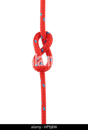 Figure of Eight Knot Tied in Red Rope Isolated on White Background Stock Photo