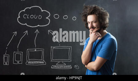 Portrait of man with cloud computing diagram on the chalkboard. Cloud Computing Concept on Chalkboard Stock Photo