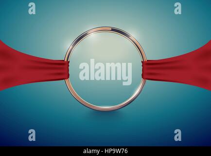 Abstract luxury golden ring with red cloth ribbon. Vector light vintage effect background. Round frame on deep volume turquoise. Wedding concept Stock Vector