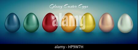 Glossy metallic egg set. Golden, silver, blue, red, green, orange, yellow, white color reflect paint. Turquoise deep retro background Stock Vector