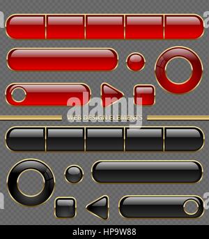 Glossy web button different shape set. Red and black plastic in golden thin frame collection isolated on transparent background Stock Vector