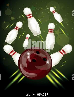 Bowling ball crashing into the skittles Stock Vector
