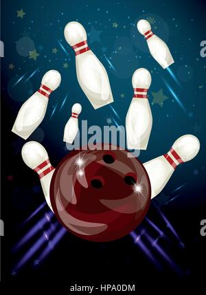 Bowling ball crashing into the skittles Stock Vector
