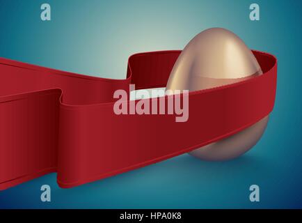 Glossy golden egg with red winding tape. Turquoise deep retro ribbon background idea. Vintage banner, card, poster Easter, business benefit concept Stock Vector