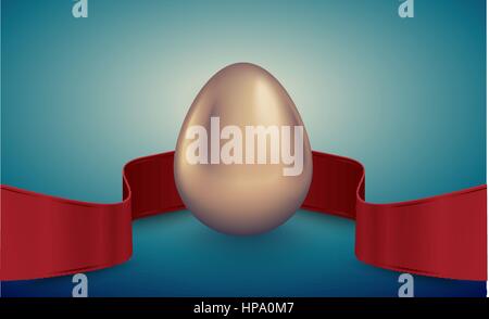 Glossy golden egg with red winding tape. Turquoise deep retro ribbon background. Vintage banner, card, poster for Easter, business benefit concept Stock Vector