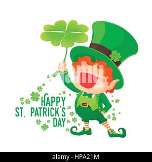 Vector Illustration of St. Patrick's Day Happy Leprechaun with Four Leaf Shamrock. Lucky Clover. for Greeting Card. Stock Vector
