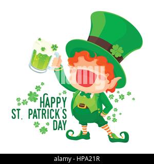 Vector Illustration of St. Patrick's Day Happy Leprechaun with Mug of Green Beer for Greeting Card. Stock Vector