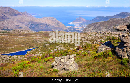 Scenic view towards False Bay from Table Mountain in Cape Town, South Africa Stock Photo