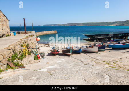 Small fishing boats in the harbour at Sennen Cove Cornwall England UK Europe Stock Photo