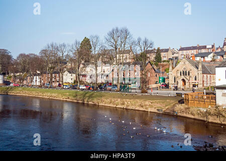 River Eden flowing through Appleby-in-Westmorland in Cumbria England on a sunny winter day Stock Photo