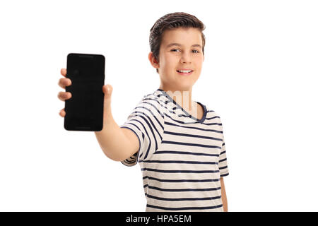 Boy showing a phone isolated on white background Stock Photo