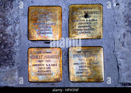 Venice Ghetto, Italy. Metal plaques in memory of the Venetian Jews deported to Nazi death camps. Stock Photo