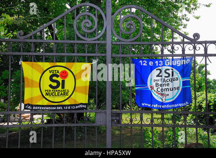 June 8, 2011, Padua, Italy. Banners against the nuclear power plants and the privatization of public water. Stock Photo