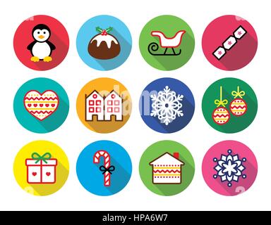 Christmas, winter flat design icons - penguin, Christmas pudding. Vector colorful reound icons set for celebrating Xmas isolated on white Stock Vector