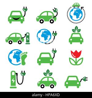 Electric car, green or eco transport icons set Stock Vector