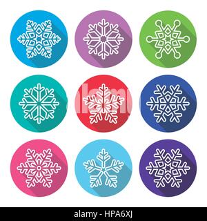 Snowflakes, winter flat design, long shadow icons set Stock Vector