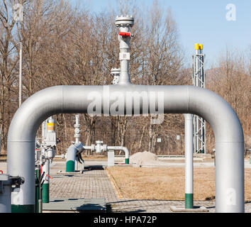 Regulating station with pressure relief valves, instrumentation and pressure regulating valves and pipes. Stock Photo