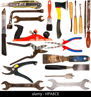 Big size collection of various used tools isolated on white background Stock Photo