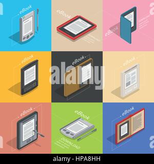 Electronic books icon set. Isometric flat vector Stock Vector