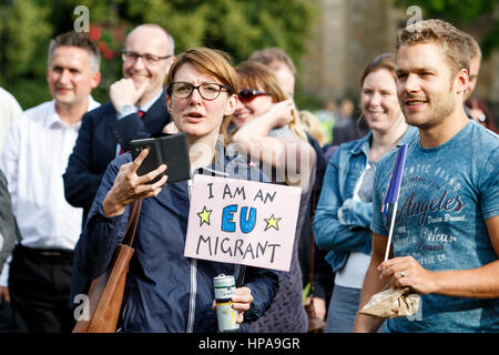 Pro EU Protesters wanting the UK to remain in Europe are pictured listening to speeches during a pro EU demonstration on college green Stock Photo