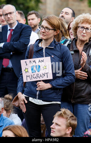 Pro EU Protesters wanting the UK to remain in Europe are pictured listening to speeches during a pro EU demonstration on college green Stock Photo