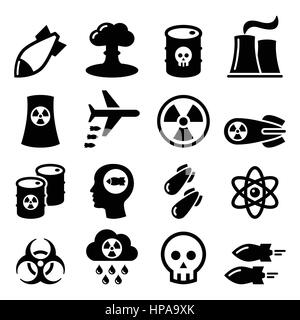 Nuclear weapon, nuclear factory, war, bombs icons set Stock Vector
