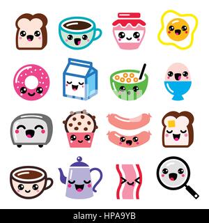 Kawaii breakfast food and beverages, cute vector icons set - toast, eggs, bacon, coffee Stock Vector