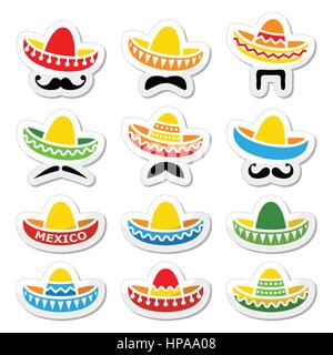 Mexican Sombrero hat with moustache or mustache icons Stock Vector