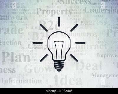 Business concept: Painted black Light Bulb icon on Digital Data Paper background with  Tag Cloud Stock Photo