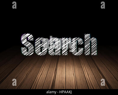 Web design concept: Glowing text Search in grunge dark room with Wooden Floor, black background Stock Photo