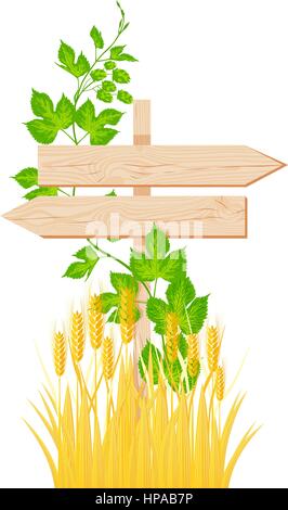 Wooden two arrows signboard with knots and cracks, hop branch and barley vector illustration Stock Vector