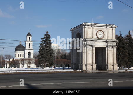 Triumphal arch and Nativity Cathedral in Kishinev (Chisinau) Moldova Stock Photo