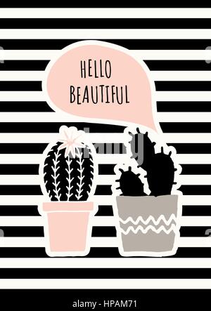 Hand drawn cactus plants in black, gray and pastel pink on striped background with pink speech bubble. Stock Vector