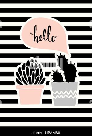 Hand drawn cactus plants in black, gray and pastel pink on striped background with pink speech bubble. Stock Vector