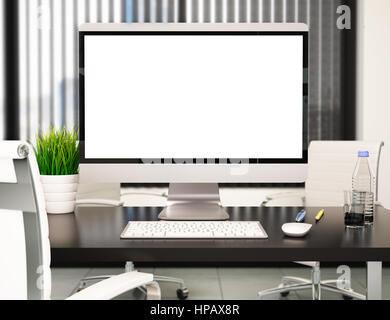 3d illustration modern office with blank computer screen. Mockup Stock Photo