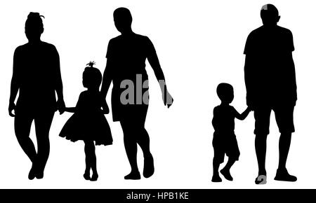 Silhouettes of parents holding kids hands isolated on white Stock Photo