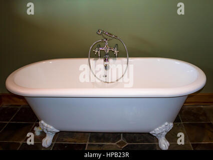White luxury roll top bath tub against olive green background Stock Photo