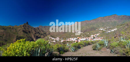 central Gran Canaria in February, panorama of Tejeda village, Roque Bentayga to the left, Stock Photo
