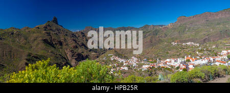 central Gran Canaria in February, panorama of Tejeda village, Roque Bentayga to the left, Stock Photo