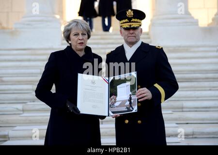 British Prime Minister Theresa May and U.S. Army Commanding General Bradley Becker participate in a wreath-laying ceremony at the Arlington National Cemetery Tomb of the Unknown Soldier January 27, 2017 in Arlington, Virginia. Stock Photo