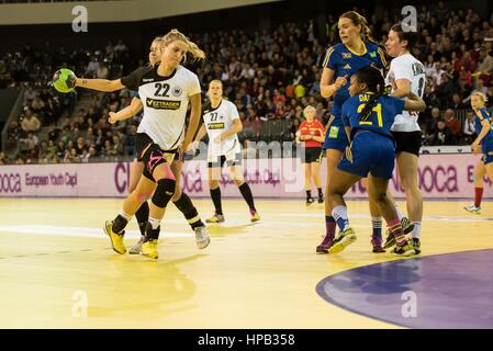 March 20, 2015: Susan Muller #22 of Germany National Team  and Dafe Edijana #21 of Sweden National Team  in action during the women's Carpathian Trophy handball tournament match between Sweden and Germany at 'Polyvalent Hall' Cluj Napoca, Romania ROU.   Photo: Cronos/Catalin Soare Stock Photo