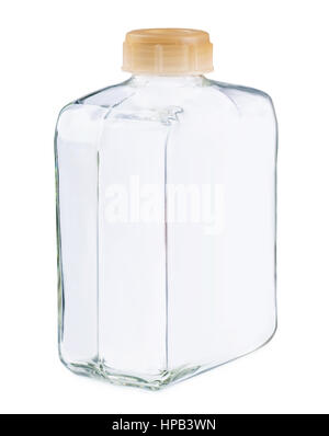 Closeup of a clear glass square bottle and no lable isolated on white background Stock Photo