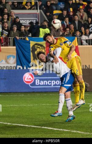 March 29, 2015: Viljormur Davidsen #3 of Faroe Islands National Team and Paul Papp #2 of Romania National Team  in action during the 15th UEFA European Championship Qualifying Round game between  Romania National Football Team (ROU) and Faroe Islands National Football Team (FRO) at 'Ilie Oana' Stadium, Ploiesti in Ploiesti, Romania ROU.   Photo: Cronos/Catalin Soare Stock Photo