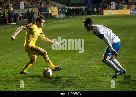 March 29, 2015: Adrian Popa #22 of Romania National Team and Viljormur Davidsen #3 of Faroe Islands National Team  in action during the 15th UEFA European Championship Qualifying Round game between  Romania National Football Team (ROU) and Faroe Islands National Football Team (FRO) at 'Ilie Oana' Stadium, Ploiesti in Ploiesti, Romania ROU.  Photo: Cronos/Catalin Soare Stock Photo