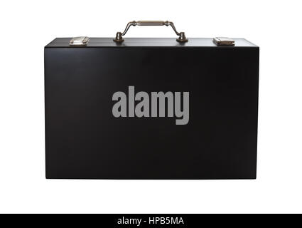 Black briefcase isolated on white background. Business suitcase over white backdrop. Black case for business paper close up. Stock Photo