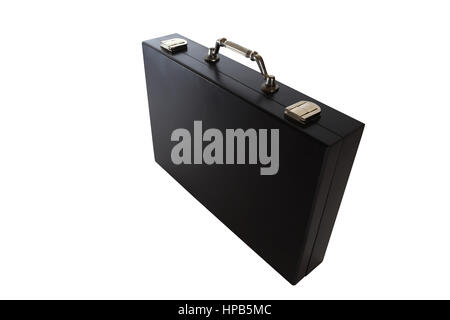 Black business case isolated on white background. Black business briefcase with shiny metal handle over white backdrop. Stock Photo