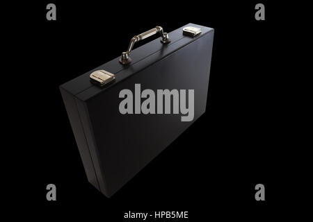 Black briefcase isolated on black background. Business suitcase over black backdrop. Suitcase for business paper. Stock Photo