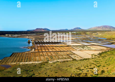 a view of the large saltwater lagoon Laguna de Janubio and the traditional saltworks, in Lanzarote, Canary Islands, Spain Stock Photo