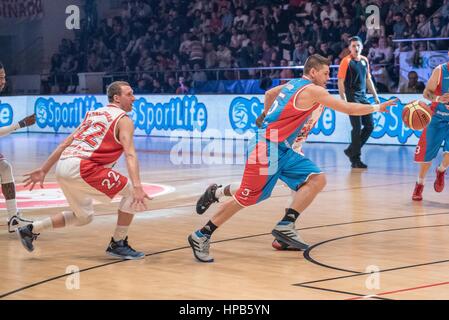 April 5, 2015: Marius Runkauskas L and Adrian Tudor R  in action during the All Star Game 2015 between  North Team ROU and South Team ROU at Sala Polivalenta Dinamo, Romania ROU.   Photo: Cronos/Catalin Soare Stock Photo