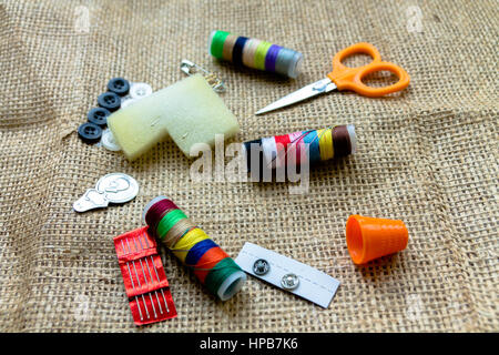 Sewing kit thread. A set of tools for repair of clothing. Stock Photo